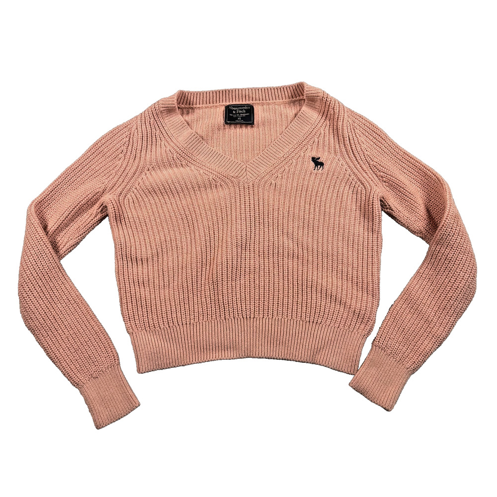 Abercrombie & Fitch Y2K Pink Ribbed V-Neck Moose Logo Sweater XS